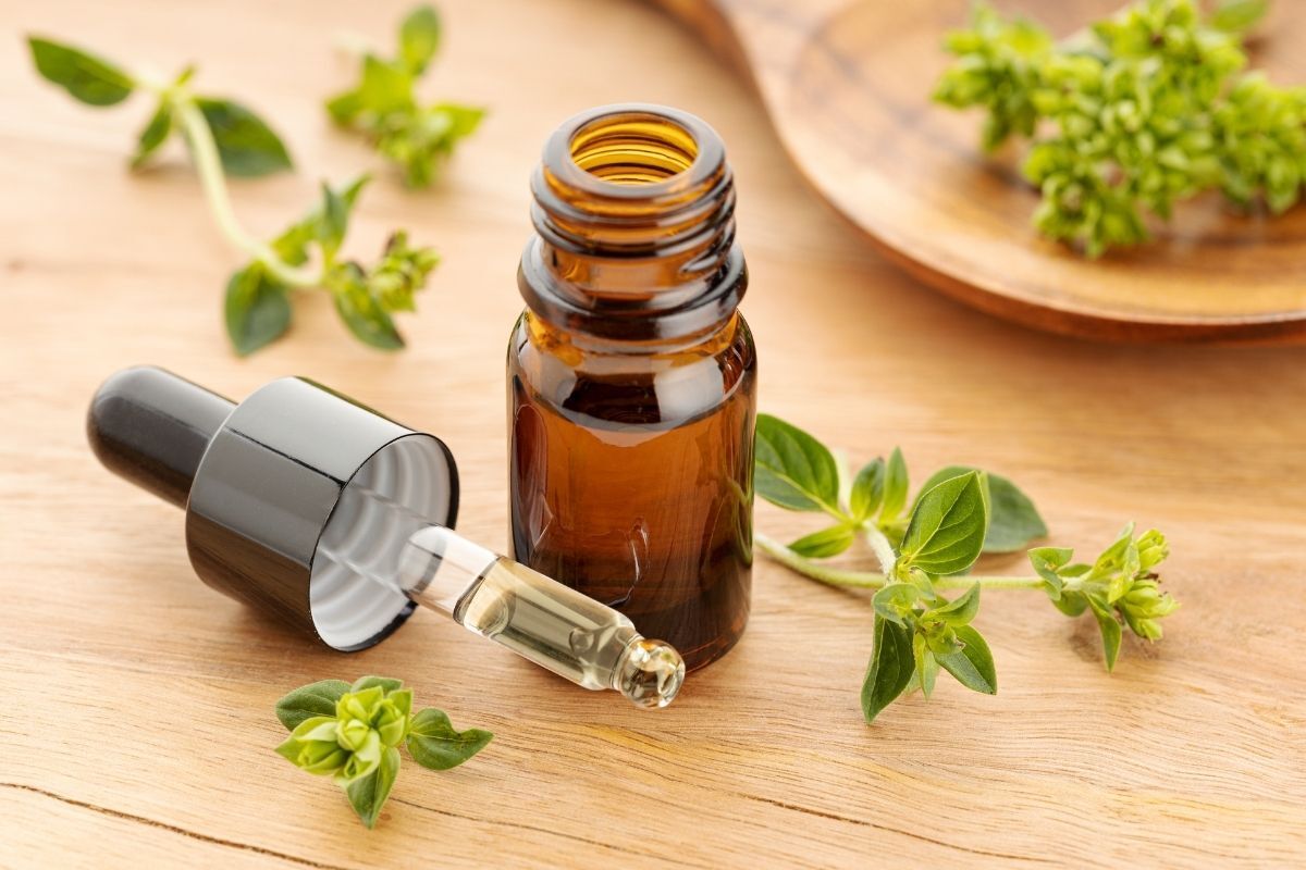Clove Oil for Toothache Bottle of clove oil with dropper surrounded by fresh clove buds on wooden surface.
